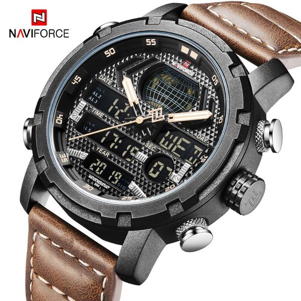 

wristwatches naviforce men's sport watch men analog digital military quartz watches waterproof leather male relogio masculino, Slivery;brown