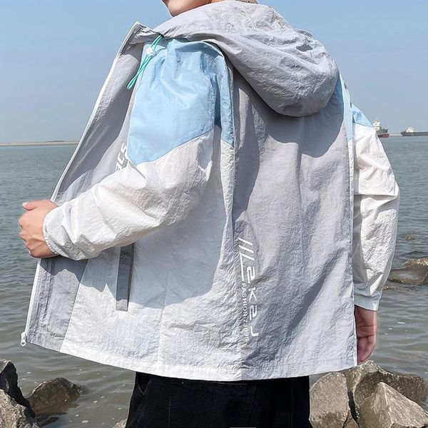 

men's jackets summer sun protection clothing hooded solid color thin coat jacket couple personality stitching men, Black;brown