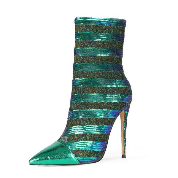 

boots gold green bling autumn winter women fashion sequinted cloth zipper ankle thin high heel pointed toe lady, Black