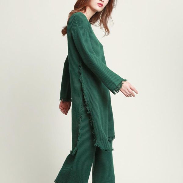 

spring fashion women clothing round neck full sleeves knitting asymmetrical and wide leg tassels wc88706 women's two piece pants, White