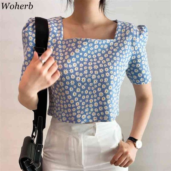 Quadratische Kragen Puff Sleeve Hemd Frauen Korean Chic Floral Daisy Print Crop Top Bluse Sommer Lässig Alles Spiel Blusas 210519