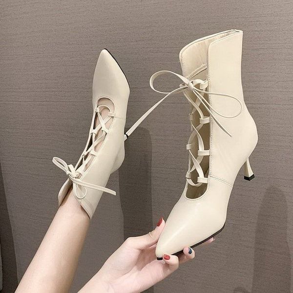

2022 pointed toe short motorcycle bootswomen hollow out autumn high heeled shoeskorea cross lace-upblackbeigedropshipping, Black