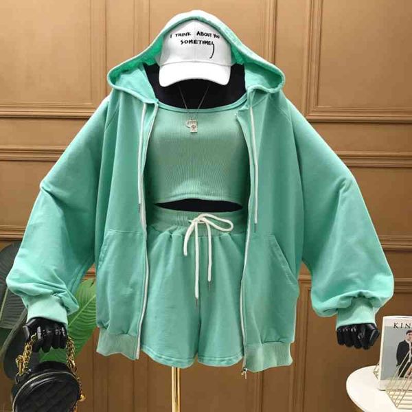 

casual tracksuit women summer fall solid camisole + dports shorts hooded jacket 3 piece set female sweashirt shorts suits 210525, White