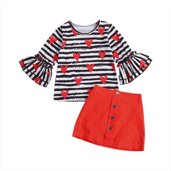 

infant kids baby girls 2pcs outfit clothes set stripe heart printed pattern round collar red solid color skirt valentine, White