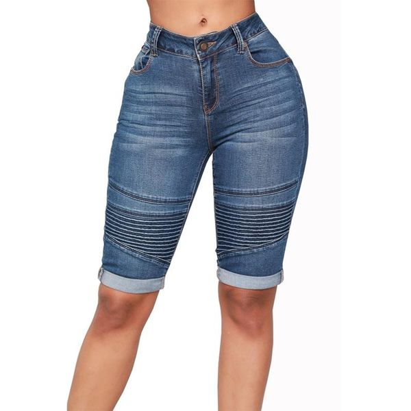 

women's jeans knee length pleated denim shorts women push up elastic mid waist biker short summer 2021 black streetwear, Blue