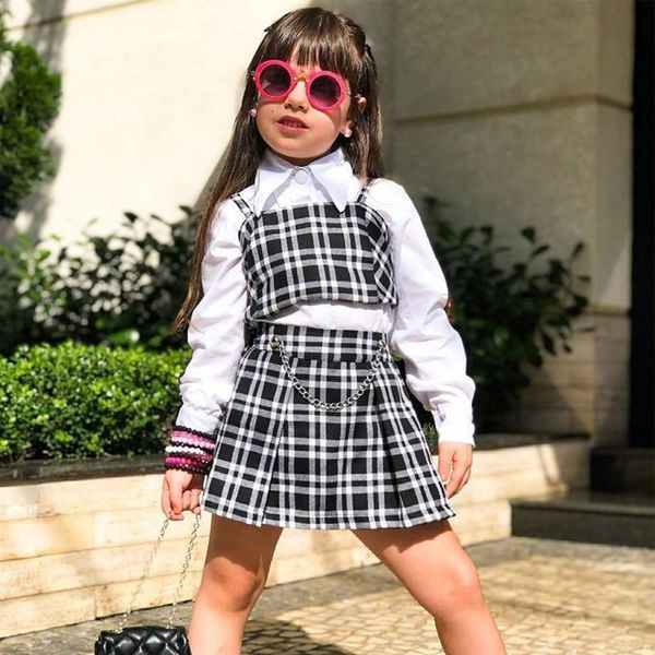 

clothing sets 3pcs kids girls fashion clothes long sleeve lapel white shirts vest chain plaid skirt outfit children's 1-6y