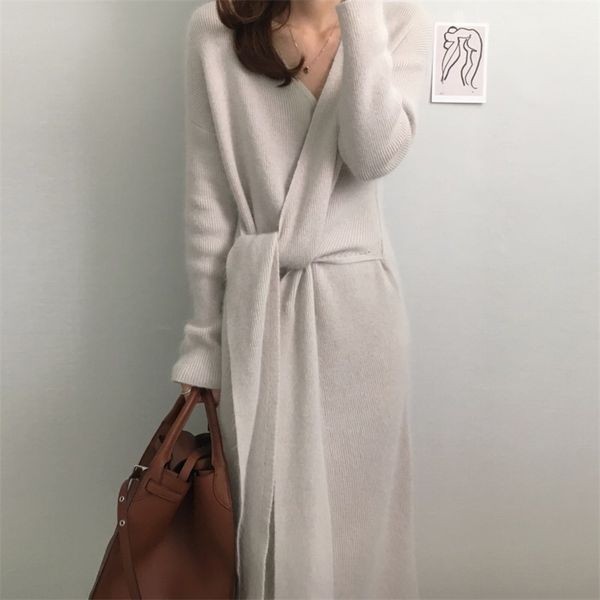 

winter thick korean knitted jumper dresses sweater dres woman warm casual solid apricot black grey mujer 211110, Black;gray