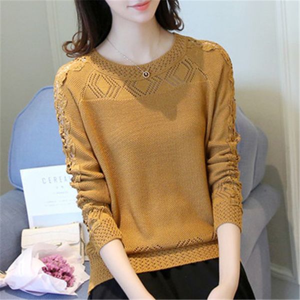 

tees female winter sweater korean neck-long long hollow sleeve fashion short mesh jumper ff04 xe6a, White