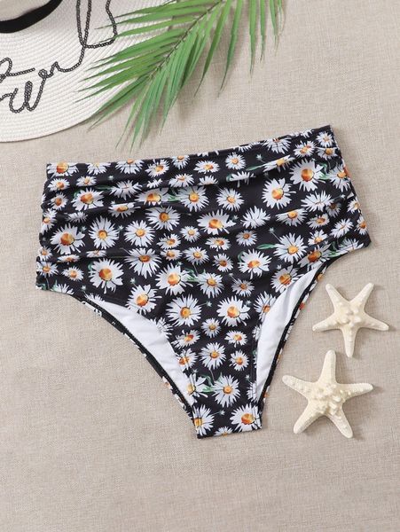 

plus sunflower print ruched high waisted bikini panty l9x9#, Black