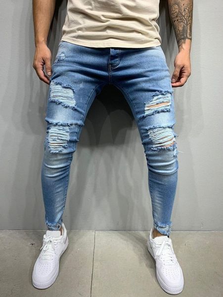 

men ripped raw cut skinny jeans 87vo#, Blue