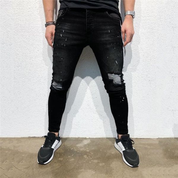 

men's pants 2021 men jeans classic designer denim skinny pant distressed ripped freyed slim fit printed trousers, Black