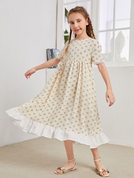 

girls floral ruffle hem dress she, Red;yellow