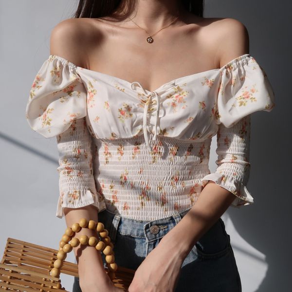 

two piece dress spring summer vintage floral print woman blouses one shoulder puff sleeve elastic waist ruched slim shor, White
