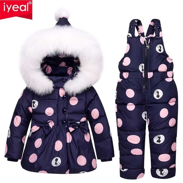 Iyeal Inverno crianças meninas roupas conjuntos de pato com capuz aquecido para baixo casaco de jaqueta + calças impermeáveis ​​snowsuit crianças roupas de bebê 211203