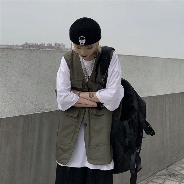 

men's vests vest couple coat solid japan style cargo sleeveless coats mens loose harajuku oversize pockets chic streetwear male ja, Black;white