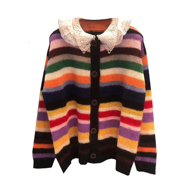 

sweater 2021 autumn and winter fashion rainbow stripes contrast lace doll collar mohair knitted cardigan gjoc, White;black
