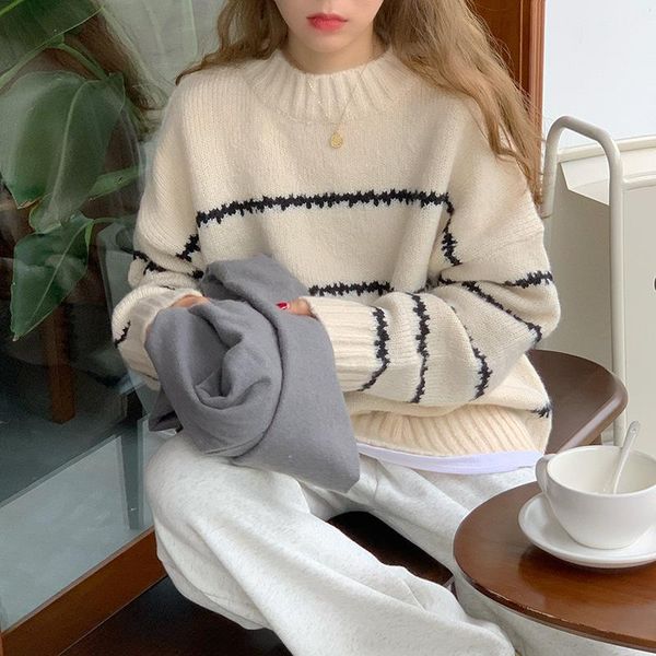 

women's sweaters 2021 autumn winter vintage casual loose sweater women thickened long sleeve stripes half high collar for, White;black