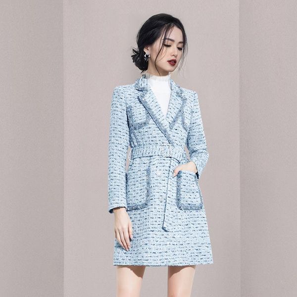 

women's trench coats winter small fragrance women woolen jacket coat fashion lace up burr pocket occupation tweed windbreaker long, Tan;black