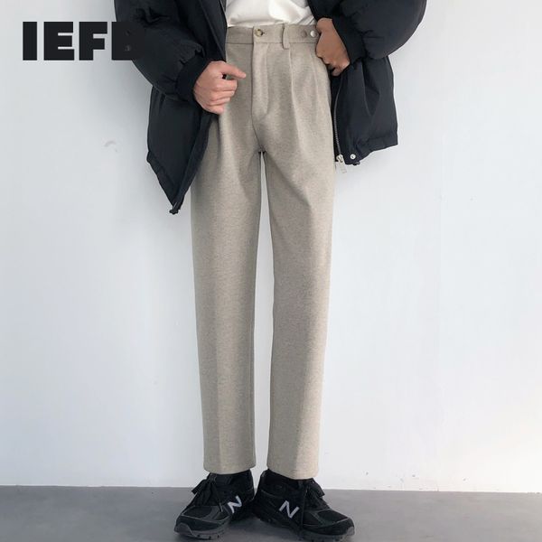 IEFB Tweed Gerade Hosen Männer Lose Personalisierte Design Chic Koreanische Dicke Einstellbare Taste Taille Casual Woll Hosen 9Y5210 210524