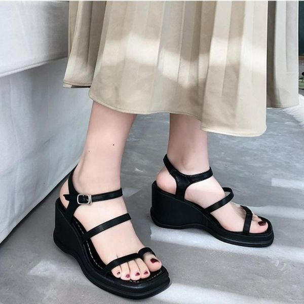 

sandals nice platform women wedge high heel sandal casual shoes chunky heels leather gladiator, Black