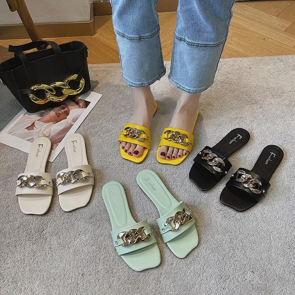 

slippers plus size fashion flat heel women summer slides chain decoration square head bare-toe leather sandals, Black
