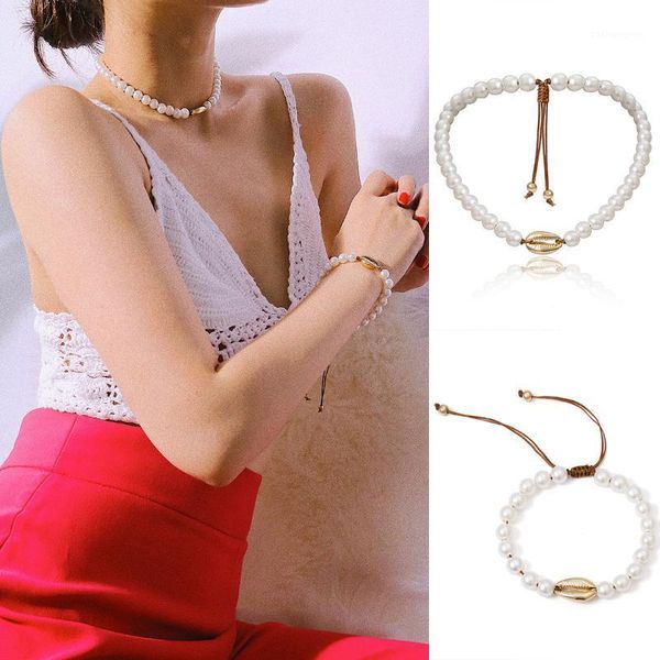 

women's jewelry simple geometric wild alloy shell temperament pearl adjustable women's necklace bracelet1, Golden;silver