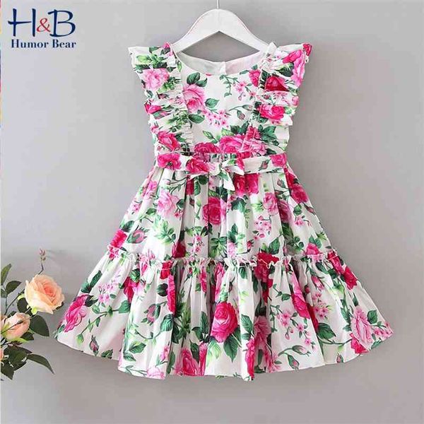 Humor Bär Europäische Amerikanische Neue Sommerkleid Floral Lotusblatt Große Schaukel Spitze Ärmellose Prinzessin Party Kleid Kinder Kleidung 210317