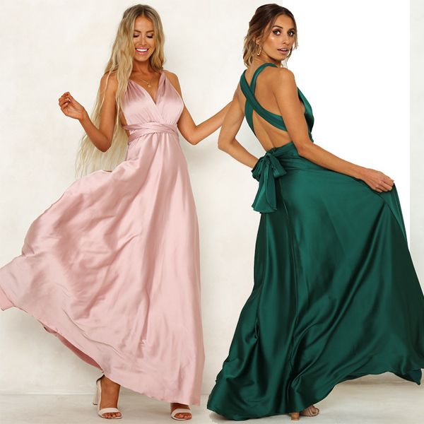 

satin dress pink dress v neck solid sleeveless spaghetti strap party night floor length elegant backless green woman jurk, Black;gray