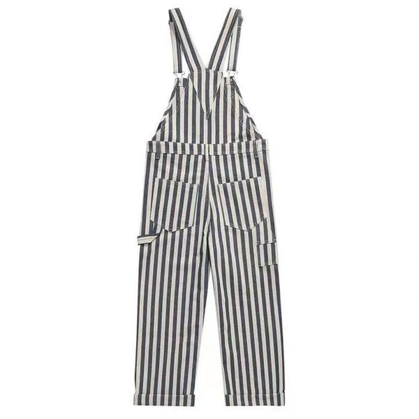 

men's jeans vintage cargo denim jumpsuit for men japan style navy blue white stripe fresh handsome overall trendy streetwear wide leg r
