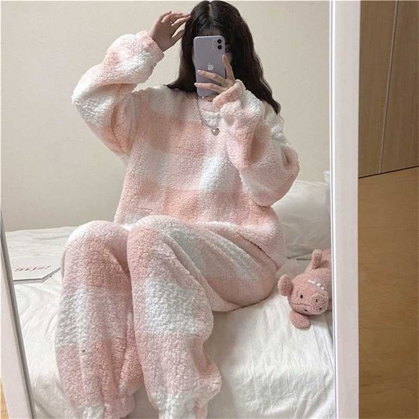 

qweek pajamas for women plaid pink and white flannel pijamas kawaii cartoon print lounge sets winter girls home clothes pyjams 211111, Black;red