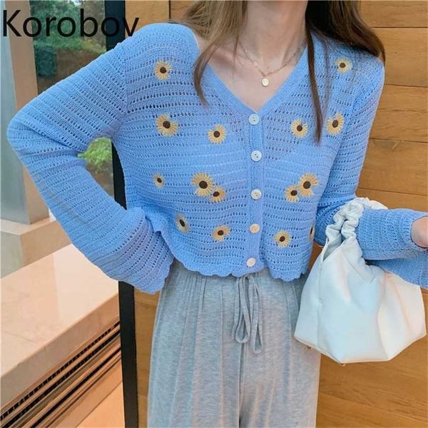 

korobov korean sweet flower embroidery long sleeve sweater vintage v neck sueter mujer autumn thin cardigans femme 211011, White;black