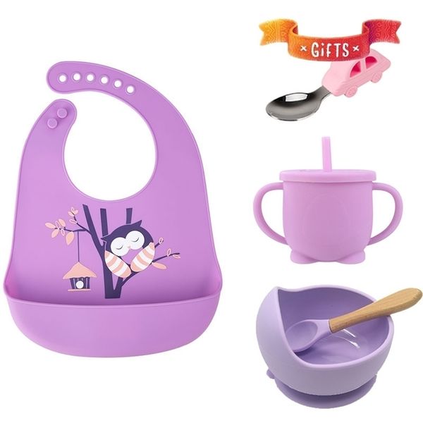 

1set baby silicone bib feeding set bowl spoon cup bpa-waterproof portable tableware for children 211102
