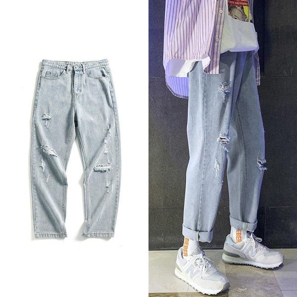 

men's jeans japan skinny men streetwear destroyed ripped homme hip hop broken graffiti print pencil biker denim pants hole, Blue