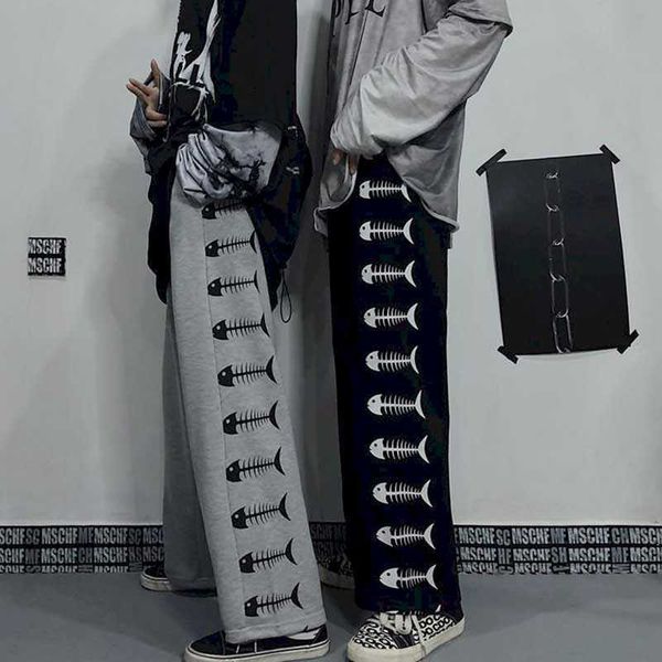 Harajuku стиль высокие уличные штаны мужчины и WO Dark Line ретро оригинал WO осенние рыба костные печати утра 210526