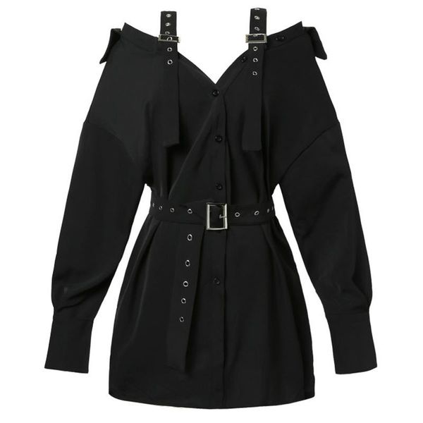

casual dresses 2021 black gothic shirt dress with belt punk style mini strap autumn female club wear party off shoulder streetwear, Black;gray