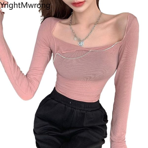 

women's t-shirt solid stretch asymmetric neck rhinestone chain long sleeve bodycon women crop short t shirt aesthetic clothing, White