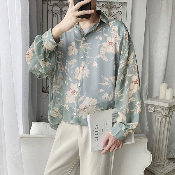 

men's casual shirts 2021 hawaiian shirt long sleeve sunscreen clothes floral printing loose camisa masculina fashion -xl, White;black