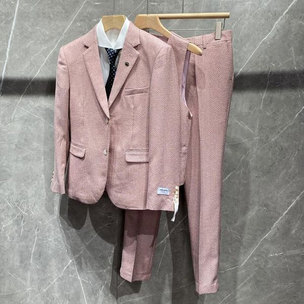 

men's suits & blazers slim fit wedding for groom mens fashion duffel tweed twill gray khaki pink suit three pieces elegant casual male, White;black