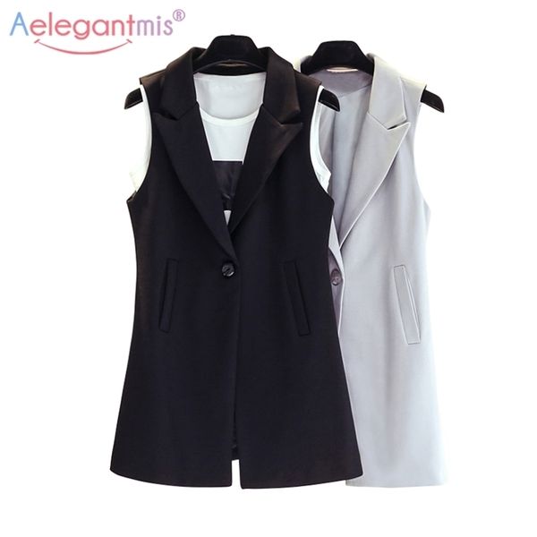 Aelegantmis Gilet lungo classico Gilet elegante da donna Primavera Autunno Giacche senza maniche Capispalla Office Lady Slim Gilet 211006