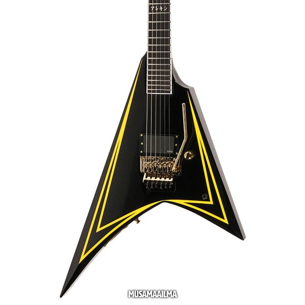 Özel Mağazalar Alexi Laiho Siyah Sarı Sawtooth Uçan V Elektro Gitar Taraklı Klavye 20-24, Floyd Rose Tremolo Köprüsü, Çin EMG Pickup, Altın Donanım