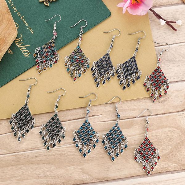

stud retro geometric rhombus inlaid long tassel earrings female ethnic style creative fashion wholesale 2021 for women, Golden;silver