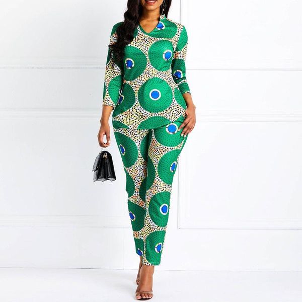 

women suits casual green office lady spring boho print straight pants long shirts elegant female fashion plus size vintage women's two, White