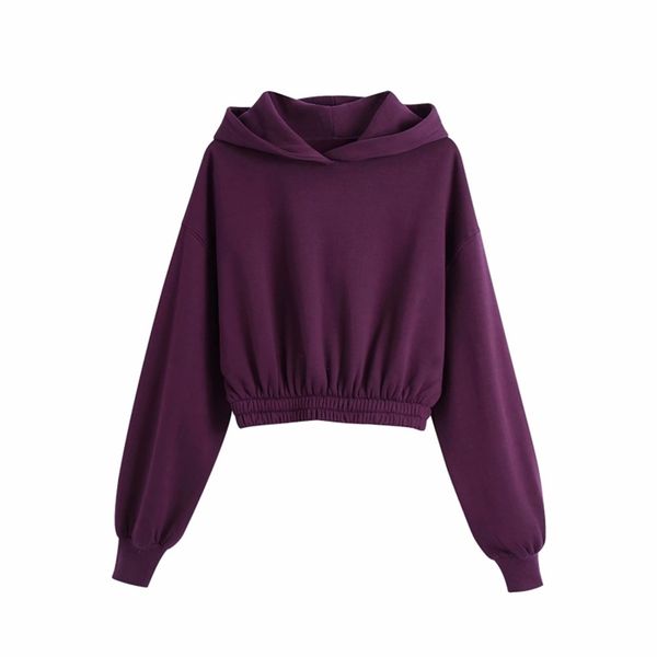 Casual Frau Lila Kurze Elastische Taille Hoodies Frühling Mode Damen Weiche Kapuze Tops Mädchen Chic Sport Sweatshirt 210515