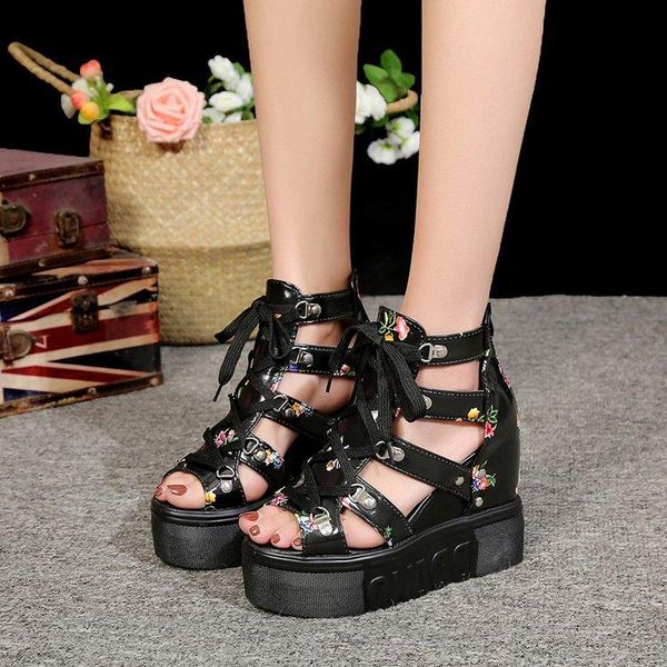 

fashion print wedges women's fish mouth sandal summer shoes women sandals platform shoelaces high heels casual woman, Black