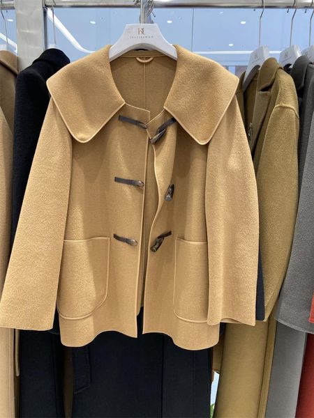 

women's wool & blends 2021 autumn and winter style 100% female doll collar horn button short long-sleeved jacket coat korean loose swee, Black