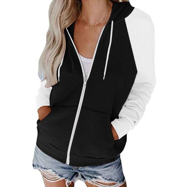 

women's hoodies & sweatshirts women zipper hoodie with pocket contrast color long sleeve jacket sweatshirt coat autumn plus size jumpe, Black