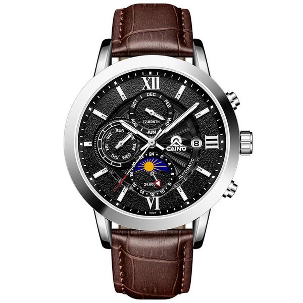 

mature business mechanical watch men automatic wrist waterproof leather clock male relogio masculino 2021 wristwatches, Slivery;brown