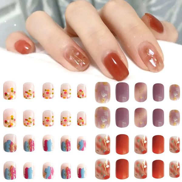 

24pcs/box ballerina short false nails with jelly glue gold foil shell blooming fake manicure accessories press on, Red;gold