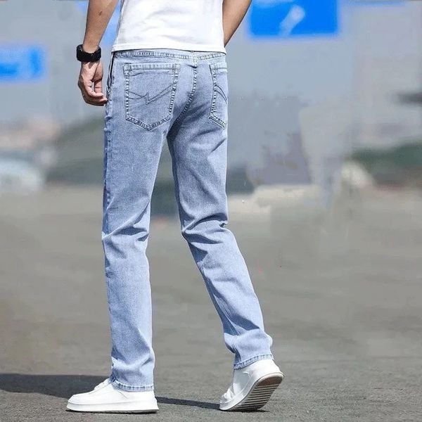 

mens jeans europe and the united states high street fashion brand summer ripped men's retro leopard print trimming slim feet pants, Blue