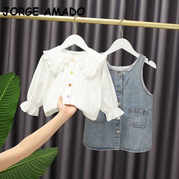 Primavera Kids Girls 2-PCS Define Mangas Puff Branco Ruffles Collar Camisas + Denim Vest Vestido Crianças Roupas E1129 210610